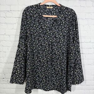Floral Blouse Women Plus XXL Black Cottagecore Prairie Silky Roll Tab Sleeve Top